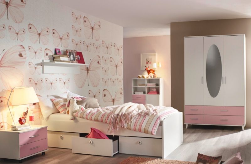 Jugendzimmer komplett Set Weiss Rosa Set Aik 3-teilig